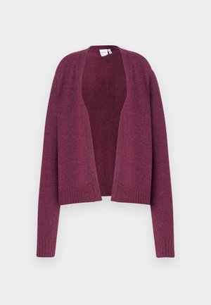 Cardigan bourgogne à manches longues, à l'avant ouvert, avec des poignets et un ourlet côtelés, fabriqué dans un matériau doux, arborant un design épuré et simple.