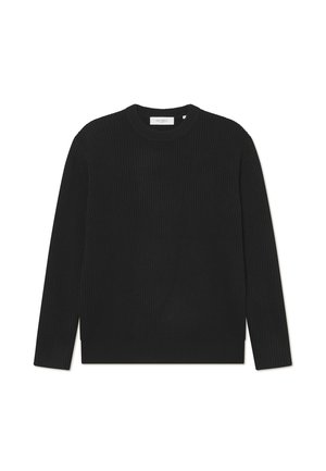 Black ribbed knit sweater with long sleeves and a round neckline. Features a textured fabric and a relaxed fit. No visible hardware or accents.