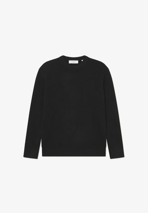 Schwarzer gerippter Strickpullover mit langen Ärmeln und rundem Ausschnitt. Bietet einen strukturierten Stoff und eine lockere Passform. Keine sichtbaren Zubehörteile oder Akzente.