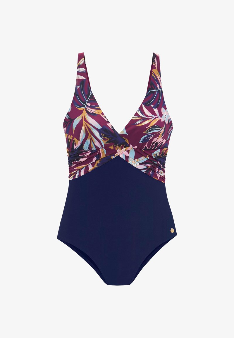 Vienos dalies maudymosi kostiumėlis su gilia V formos iškirpte, bordo ir mėlynos spalvos gėlių raštu viršuje ir vienspalviais tamsiai mėlynos spalvos apačioje; su subtiliu auksiniu akcentu.