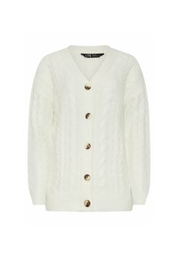 Cardigan bianco a maglia con scollatura a V, maniche lunghe, cinque grandi bottoni dorati e polsini e orlo a coste. Texture morbida e vestibilità rilassata.