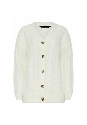 White cable-knit cardigan with a v-neck, long sleeves, five large golden buttons, and ribbed cuffs and hem. Soft texture and relaxed fit.