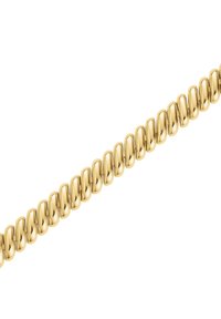 Goldene Kette mit eng verbundenen, abgerundeten rechteckigen Gliedern im Stil eines gedrehten Seils vor einem weißen Hintergrund.