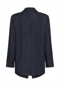 Tumši indigo krāsas džinsu žakete ar taisnu piegriezumu, ar notvertu apkakli un garām piedurknēm. Tam ir pogu akcenti uz aprocēm un sašaurināta aizmugures mala.