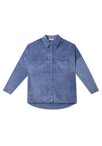 Blaues, langärmliges Button-Down-Hemd aus weichem Material. Verfügt über zwei Brusttaschen und einen abgerundeten Saum, mit einem klassischen Kragen design.