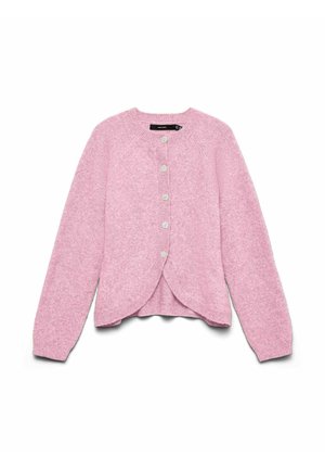 Cardigan en maille rose pâle avec manches longues, col rond, poignets côtelés et six boutons sur le devant, présentant un ourlet incurvé à l'avant.