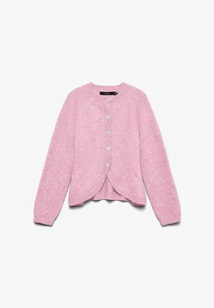 Minkšto rožinio megztinio kardiganas su ilgomis rankovėmis, apvalia iškirpte, ribotu rankogaliu ir šešiais priekio mygtukais, su lenktu priekiu apačioje.