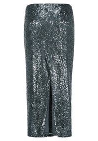 Jupe crayon en sequins gris foncé, présentant une silhouette ajustée, une fente latérale et une texture scintillante qui reflète la lumière.