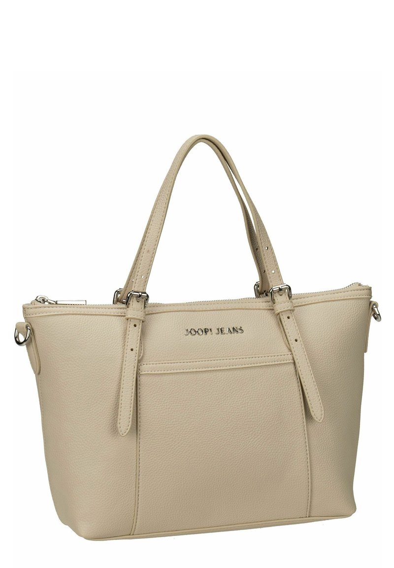 Borsa a mano in pelle beige con una forma strutturata, chiusura con zip, manici doppi e logo impresso. Presenta dettagli cuciti e una tasca esterna.