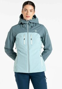 Damenjacke in Hellblau und Teal, mit einem Reißverschluss vorne, verstellbarem Kapuzenkragen, zwei vorderen Taschen und einem Logo auf der linken Brust.
