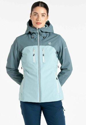 Damenjacke in Hellblau und Teal, mit einem Reißverschluss vorne, verstellbarem Kapuzenkragen, zwei vorderen Taschen und einem Logo auf der linken Brust.