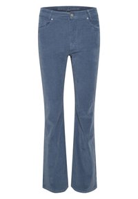 Pantalones de mezclilla azul acampanados con cinco bolsillos, cierre frontal con botones y trabillas para cinturón. Textura suave y diseño clásico, adecuados para uso casual.