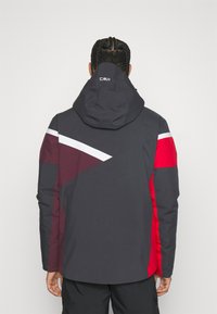 Giacca bicolore con cappuccio. Presenta pannelli grigio scuro, rosso e bordeaux. Linea accentuata bianca sulla schiena. Materiale testurizzato e resistente all'acqua.