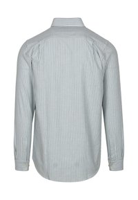 Gestrepen langarm shirt in lichtblauw en wit, met een klassieke kraag, knoopmanchetten en een gebogen zoom. Gladde stof met een subtiele glans.