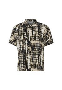 Cămașă cu mânecă scurtă, cu nasturi, în patter de tie-dye negru și bej, având guler clasic și o croială lejeră. Fabricată dintr-un material ușor.