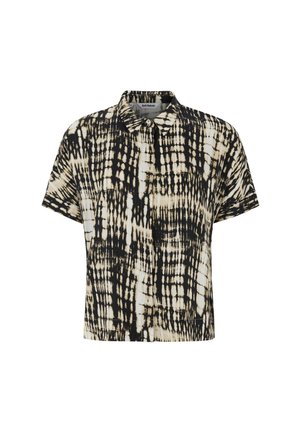 Korte mouwen overhemd met knopen in een zwart en beige tie-dye patroon, met een klassieke kraag en een losse pasvorm. Gemaakt van lichte stof.