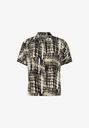 Korte mouwen overhemd met knopen in een zwart en beige tie-dye patroon, met een klassieke kraag en een losse pasvorm. Gemaakt van lichte stof.