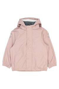Chaqueta impermeable de color rosa claro con capucha, puños elásticos y acentos grises en las mangas. Tiene cierres a presión y un forro interior suave.