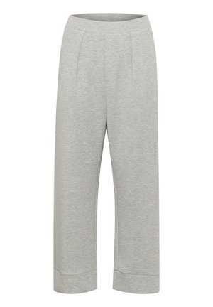 Light grey, wide-leg trousers made of soft cotton with a smooth texture, featuring two front pleats and cuffed hems.