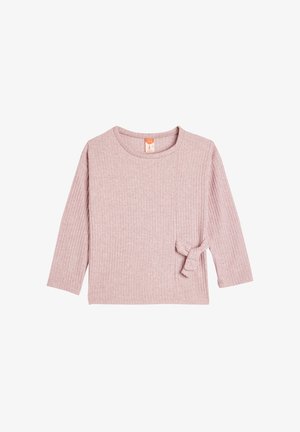 Light pink ribbed long-sleeve top with a round neckline and knot detail at the waist, made from a soft, textured fabric.