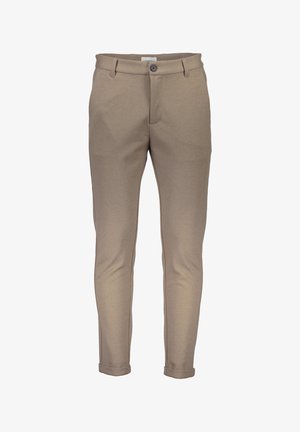 Beige katoenmengselbroek met een slanke pasvorm, voorzien van een knoopsluiting, riemlussen en opgerolde pijpen. Gladde textuur met nette stiksels.