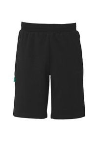 Zwarte sportshorts van zachte stof, met een elastische tailleband, zijzakken en een klein logo op de voorkant.