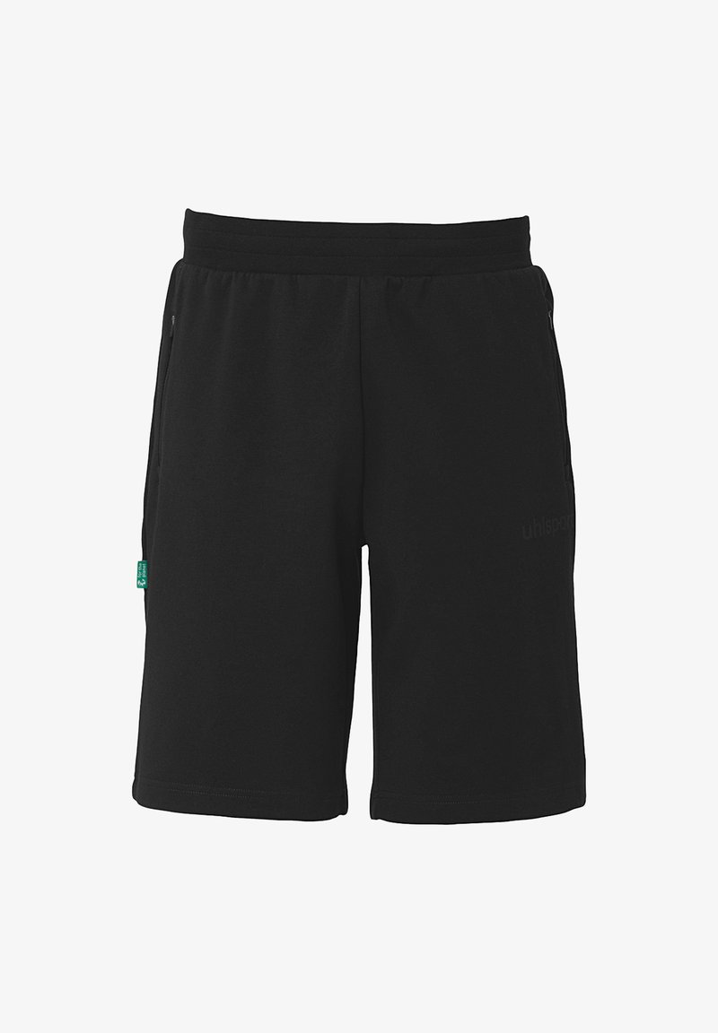 Zwarte sportshorts van zachte stof, met een elastische tailleband, zijzakken en een klein logo op de voorkant.