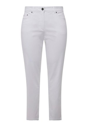 Hvide slim-fit bukser med forreste knap og lynlås, fem-lomme-stil, lige ben, vist på en ensfarvet hvid baggrund.