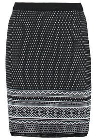 Jupe en tricot noir avec des motifs blancs complexes, comprenant des diamants et des lignes, avec une taille côtelée pour plus de texture et un meilleur ajustement.