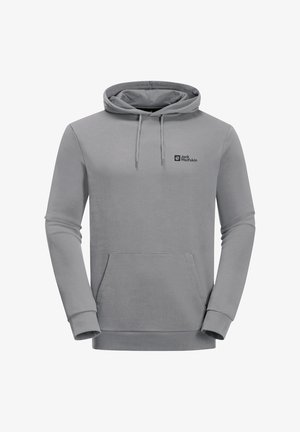 Grijze hoodie gemaakt van zachte stof, met een voorzak in kangoeroestijl, trekkoorden en een klein zwart logo op de linker borst.