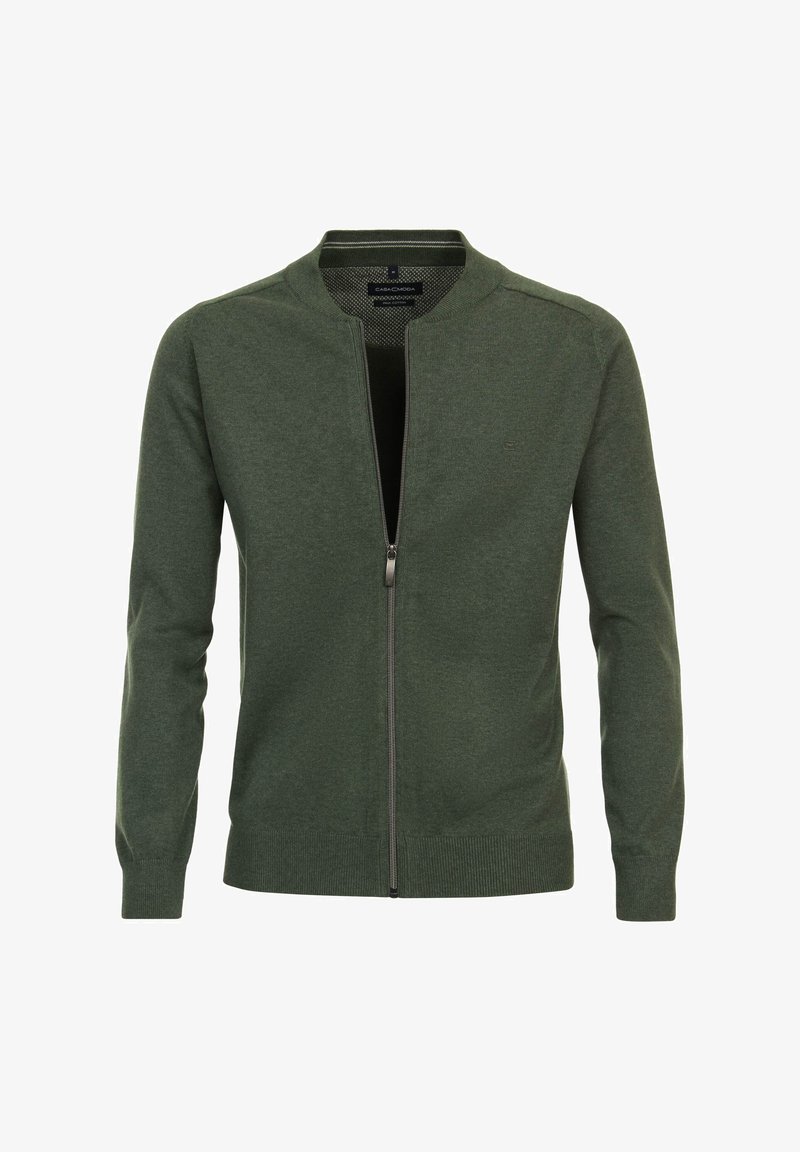 Grüner Reißverschluss-Pullover aus weicher Strickware. Er verfügt über einen runden Halsausschnitt, gerippte Bündchen und einen gerippten Saum sowie eine subtile Textur auf der Oberfläche.