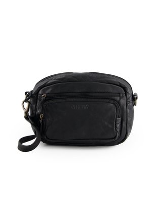 Schwarze Leder-Wristlet-Tasche mit mehreren Reißverschlussfächern und "Venezia"-Logo auf der Vorderseite, isoliert auf weißem Hintergrund.