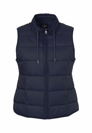 Navy blue quilted sleeveless vest with high collar and front zipper, featuring adjustable drawstrings on the collar.