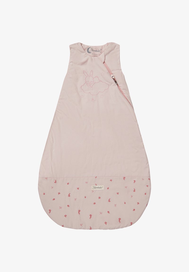 Hellrosa Schlafsack mit Stickerei von einem Hasen und einer Wolke, Reißverschluss vorne und einem strukturierten Boden mit kleinen rosafarbenen Mustern.