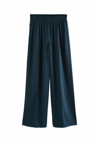 Donkerblauwe wijde broek met elastische tailleband en zijzakken, hanger tegen een witte achtergrond.