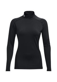 Haut de sport noir à manches longues avec col montant, tissu lisse, design ajusté et détails de couture aux épaules. Convient pour une tenue active.