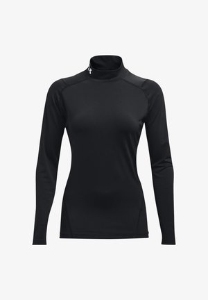 Haut de sport noir à manches longues avec col montant, tissu lisse, design ajusté et détails de couture aux épaules. Convient pour une tenue active.