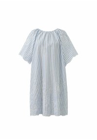 Lichtblauwe dress met witte strepen, korte pofmouwen en bloemenborduursel aan de zoom. Gemaakt van een lichtgewicht stof met een ontspannen pasvorm.