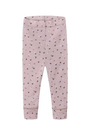 Rosa Rippleggings mit einem verstreuten Herzmuster in Grautönen, Braun und Weiß. Elastischer Bund und enganliegende Bündchen.