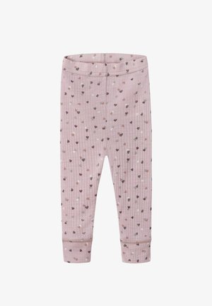Rosa ribbade leggings med ett spritt hjärt-mönster i nyanser av grått, brunt och vitt. Elastisk midja och åtsittande muddar.