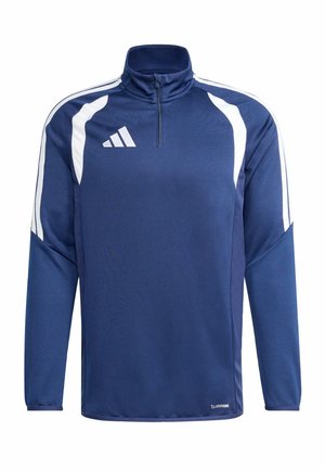 Tengerészkék sportpulóver fehér részletekkel, hosszú ujjakkal, félcipzárral, nedvességelvezető anyagból készült, az Adidas logójával.