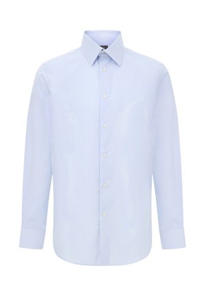 Camisa de manga larga de rayas azul claro y blanca con collar clásico y cierre de botones, hecha de una tela suave.