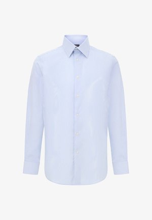 Svetlo modrá a biela pruhovaná košeľa s dlhým rukávom, klasickým golierom a zapínaním na gombíky, vyrobená z hladkej látky.