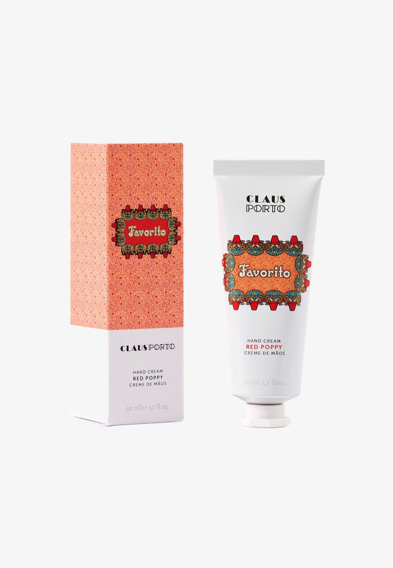 Handcrème in een witte tube met een schroefdop, voorzien van kleurrijke bloemmotieven en een decoratief etiket. Inclusief kartonnen doos met patroon.