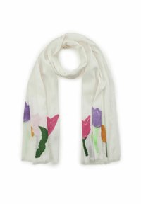 Écharpe légère blanche brodée de motifs de tulipes colorées en rose, violet, jaune et vert. Les bords présentent une frange douce.