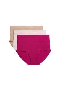 Tre par trosor i olika färger: beige, ljusrosa och magenta. Tyget är mjukt och elastiskt med en hög midja design.
