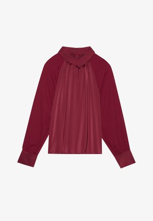 Burgundy blus med hög krage, veckad framside och långa ärmar. Tillverkad av mjukt, slätt tyg med kontrasterande muddar.