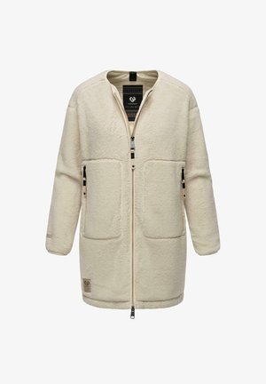 Crème-kleurige fleece jas met een ritssluiting aan de voorkant, twee grote opgestikte zakken en een gestructureerde oppervlakte. Voorzien van een merklabel nabij de zoom.