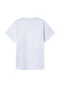 T-shirt bianca a maniche corte in cotone, con scollatura rotonda e texture liscia, priva di grafiche o motivi visibili.