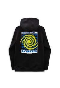 Sudadera negra con capucha que presenta un gran gráfico espiral colorido en amarillo y azul con el texto "OFF THE WALL" y "VANS". Tejido de mezcla de algodón.